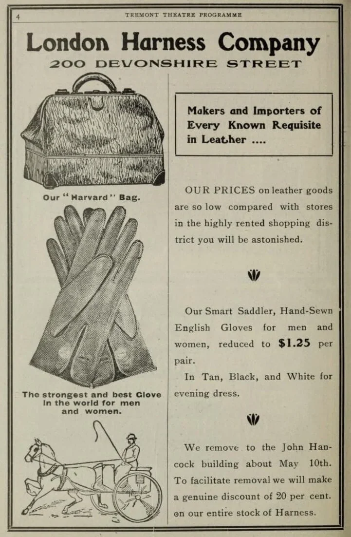 1905 London Harness Company advertisement from a Tremont Theatre programme: makers and importers of every known requisite in leather, 200 Devonshire Street, Boston